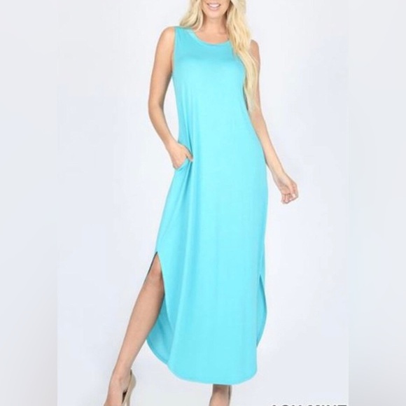 Zenana Ash Mint Sleeveless Maxi Dress With Side Slits And Pockets Size Small - Picture 1 of 9